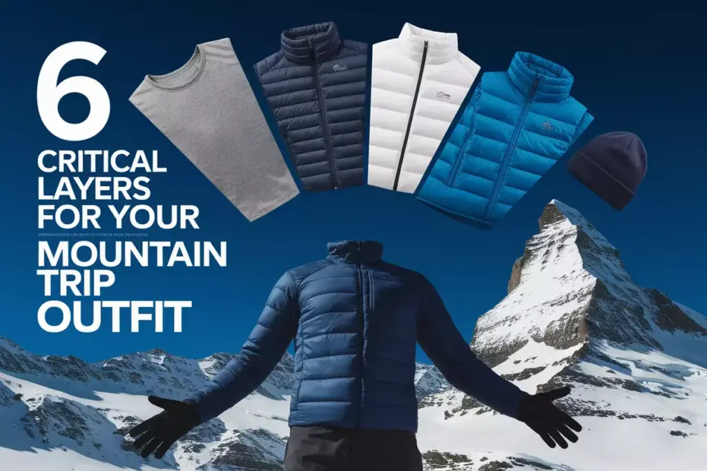 Layered Winter Mountaineering Gear Arranged Systematically Against Snowy Peak Background