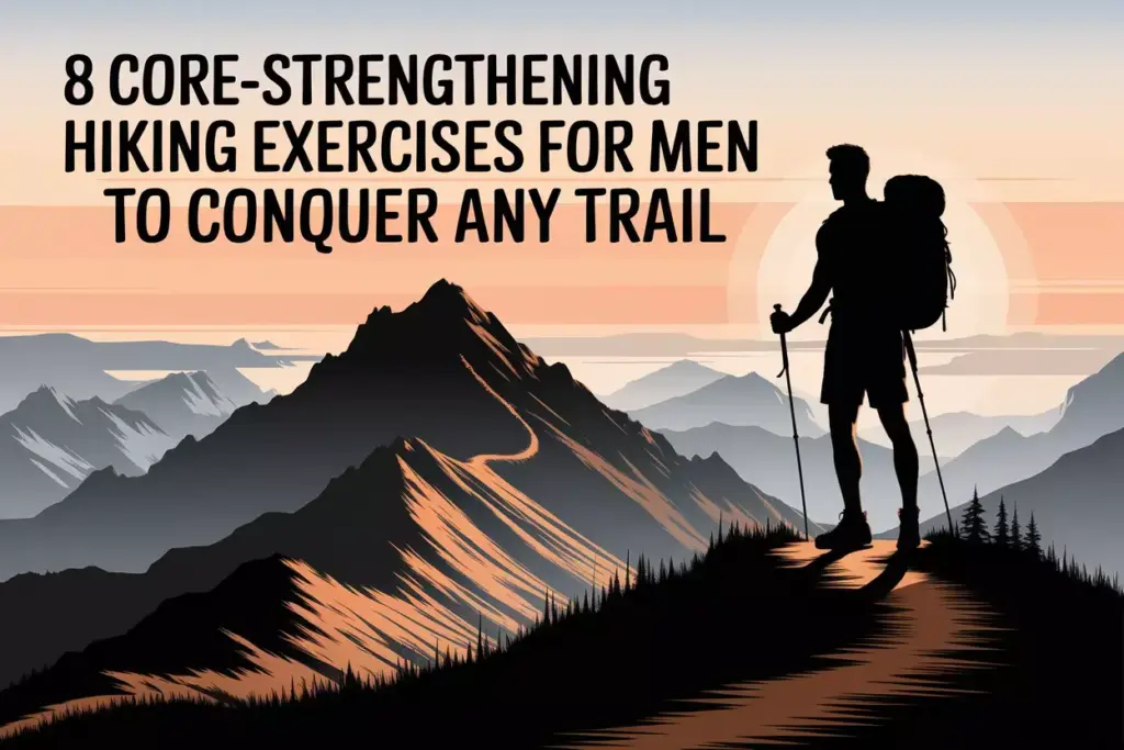 Male Hiker Silhouette On Mountain Peak At Sunrise With Trekking Poles Backpack