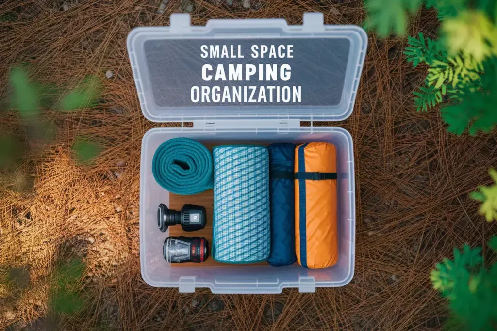 Overhead View Of Neatly Packed Camping Gear In A Clear Bin In A Forest