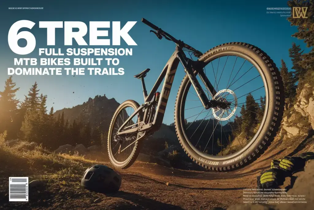 Six Trek Full Suspension Mountain Bikes Mid Air Action Trail Backdrop