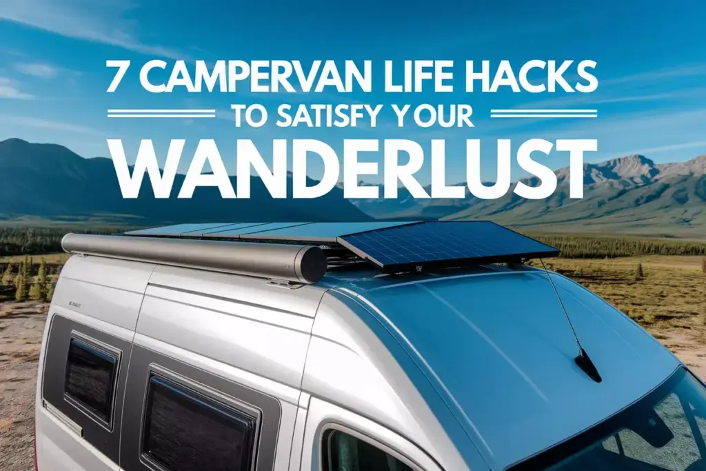 Solar Panels On Campervan Roof Against Blue Sky And Mountain Backdrop