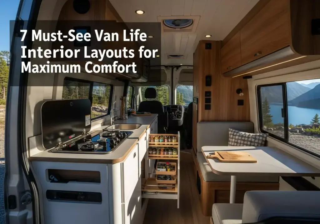 Van Life Interior Featuring Galley Kitchen Convertible Dinette By Mountain Lake Scenic Vie