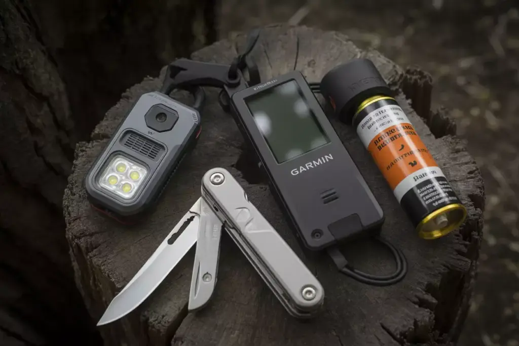 Safety And Security Equipment Personal Alarm Satellite Communicator Multi Tool And Bear Spray Arranged On A Stump