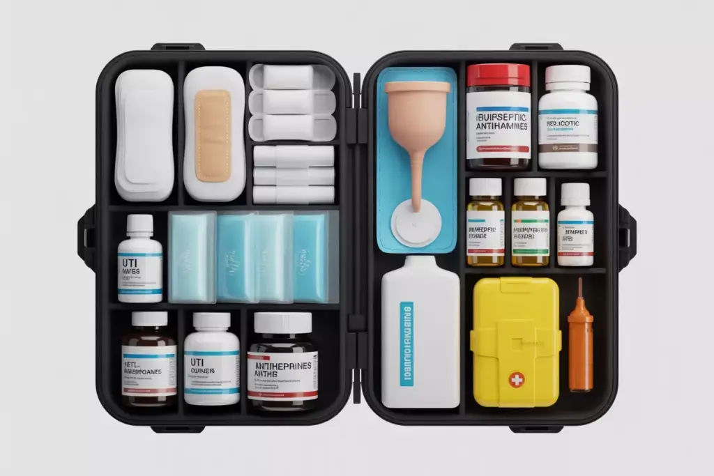 Comprehensive First Aid Supplies Open Kit Showing Bandages Medications And Women Specific Health Items