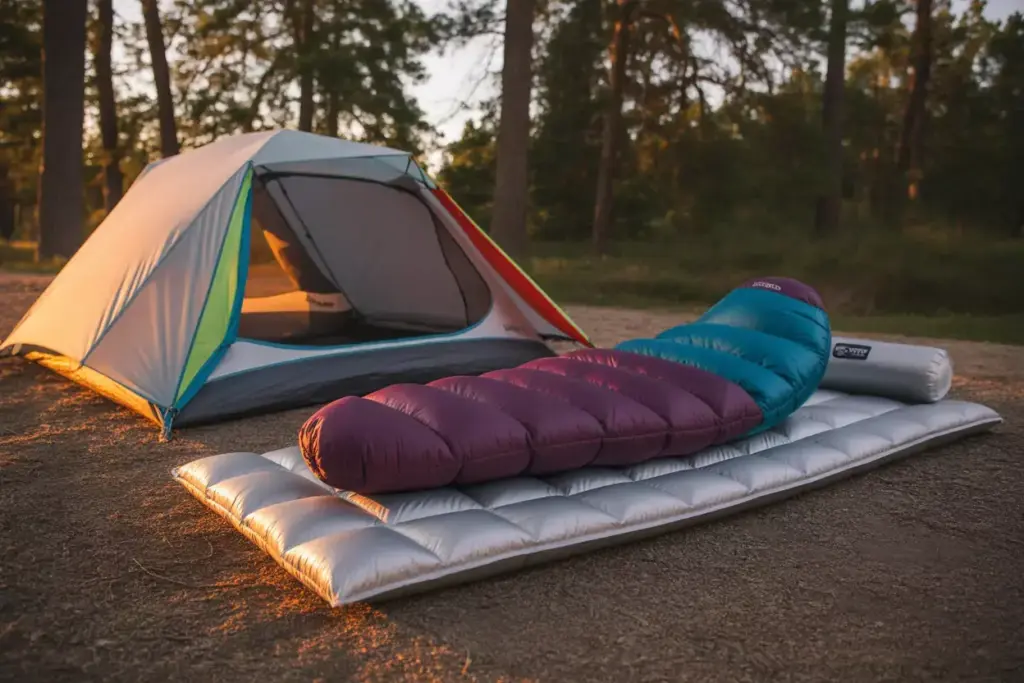 Shelter And Sleep Systems Lightweight Tent With Womens Sleeping Bag And Pad In Forest Campsite