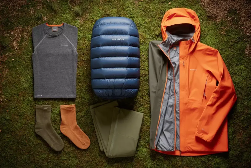 Clothing And Layering Systems Merino Wool Base Layer Down Jacket And Rain Shell Flat Lay