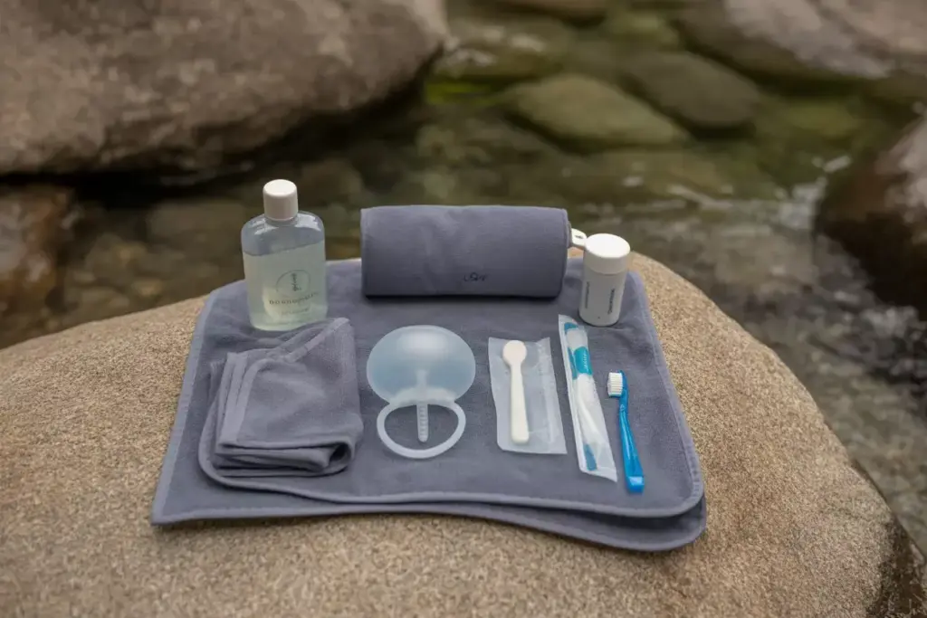 Hygiene And Personal Care Items Biodegradable Soap Solar Shower And Feminine Products On Towel