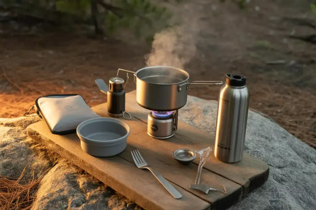 Cooking And Hydration Equipment Stove Pot Water Filter And Bottle At A Campsite