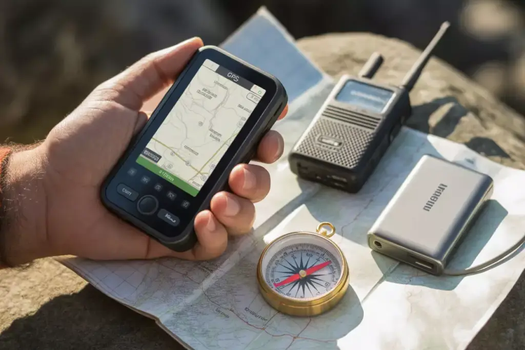 Navigation And Communication Tools Gps Device Compass Map And Two Way Radio In Hand