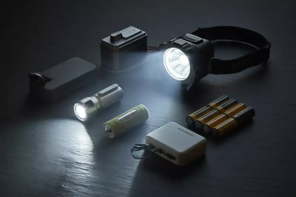 Lighting And Power Solutions Headlamp Lantern Battery Pack And Spare Batteries At Night