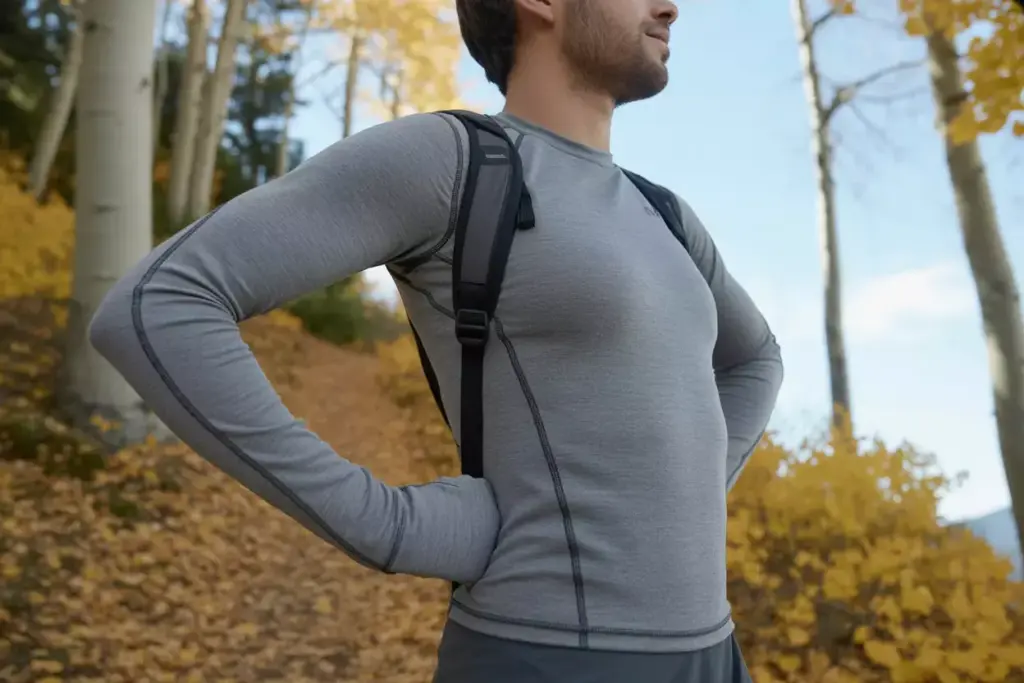 Moisture Wicking Merino Wool Base Layer With Thumbhole Cuffs On Forest Trail