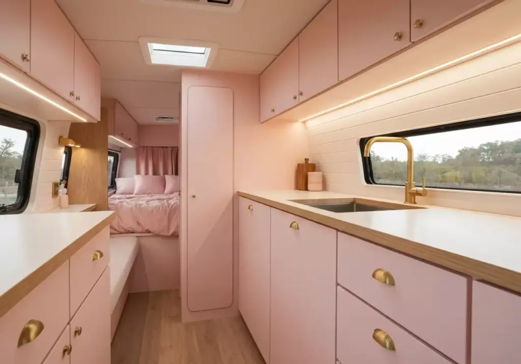 A Minimalist Van Interior With Soft Pink Cabinets Brass Fixtures And White Oak Countertops In Diffused Light