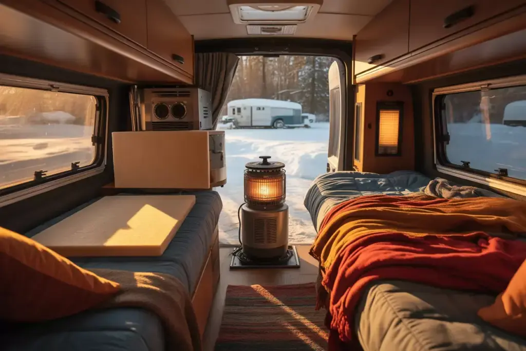 Camper Interior Showcasing Multiple Heating Systems Insulation Layers Winter Setting