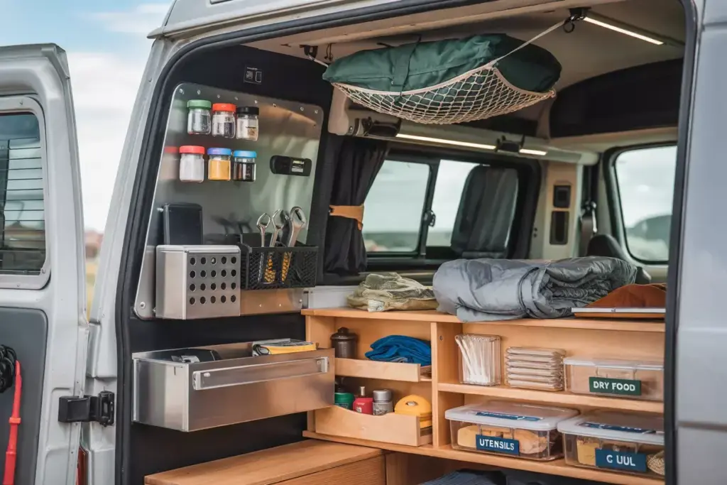 Campervan Interior Showcasing Vertical Storage With Magnetic Spices Ceiling Net And Custom Shelving