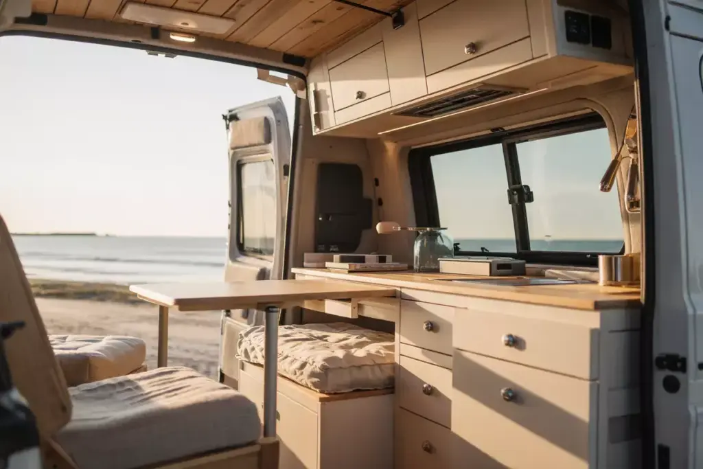 Coastal Minimalist Van Interior With Bleached Timber And Ocean View Through Window