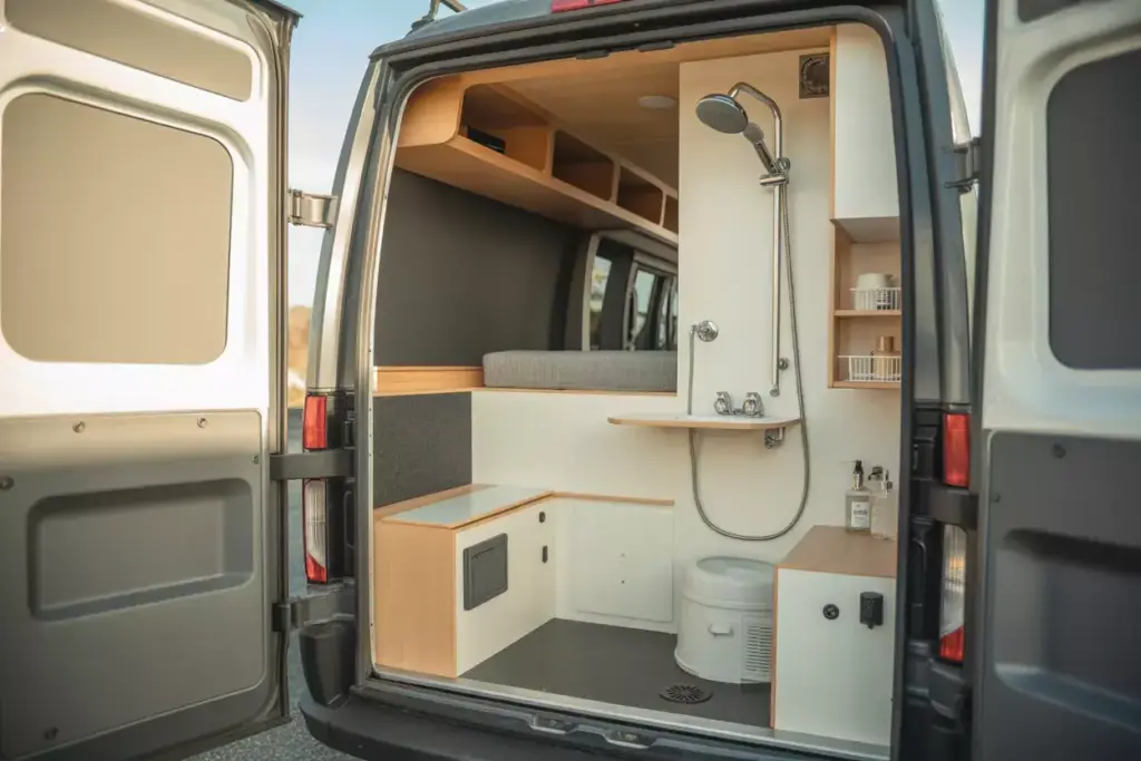 Compact Wet Bath Interior In Sprinter Van With Cassette Toilet And Fold Down Sink