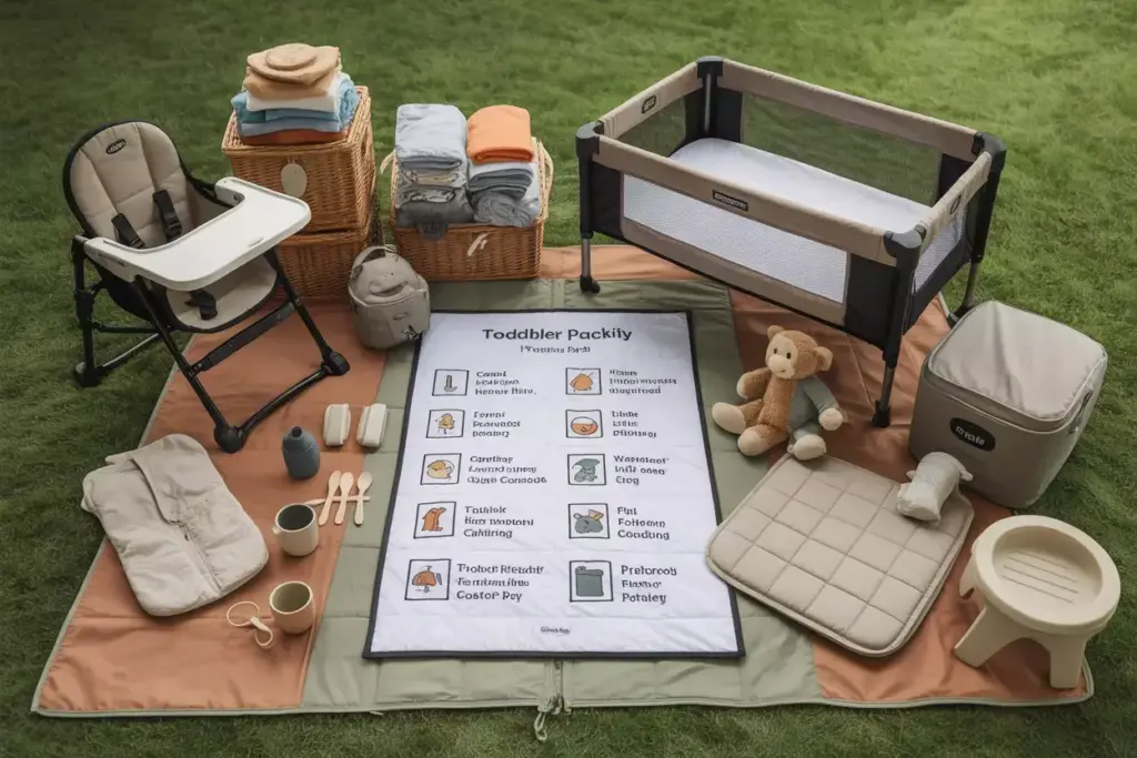 Comprehensive Toddler Camping Gear Packing List Flat Lay With High Chair And Toys