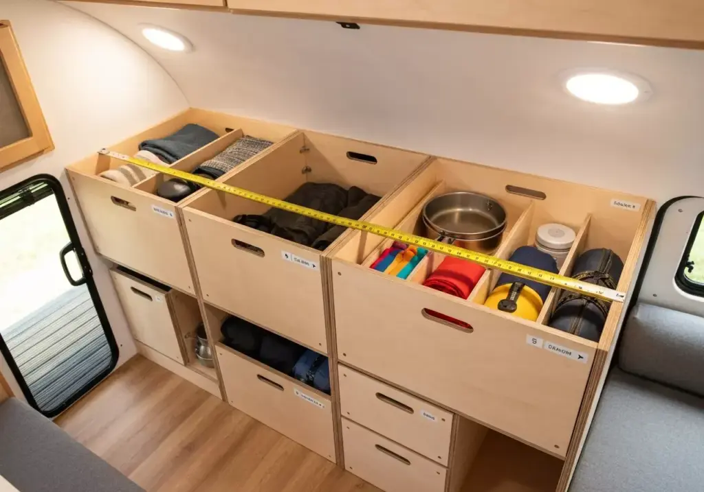 Custom Modular Plywood Storage System With Labeled Boxes Inside Mini Camper