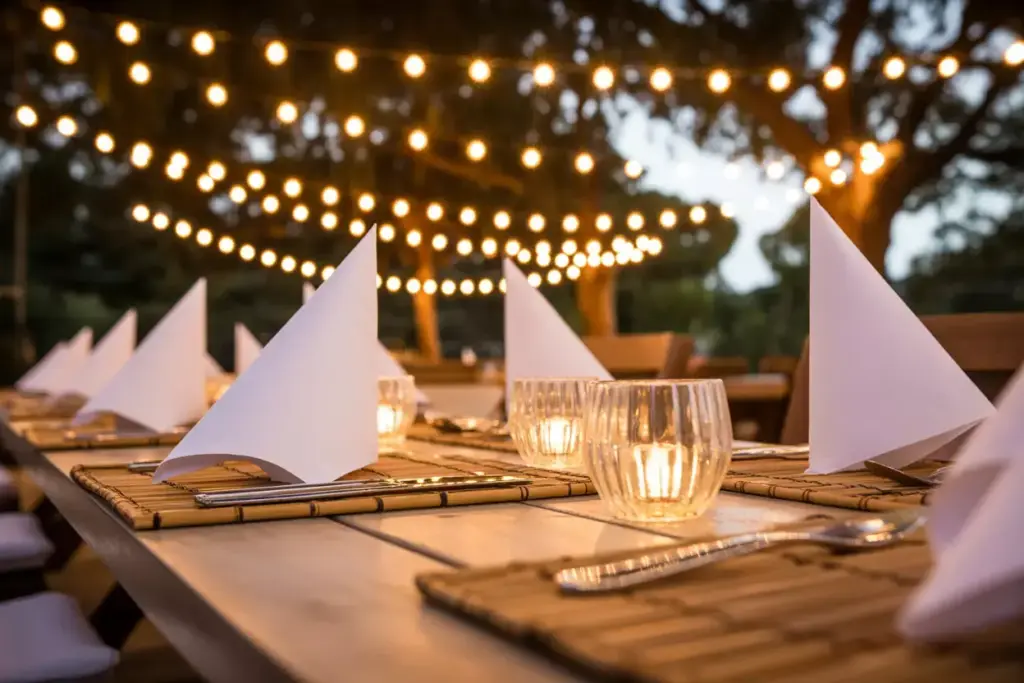 Elegant Outdoor Camping Dining Setup With Bamboo Placemats Led String Lights At Dusk