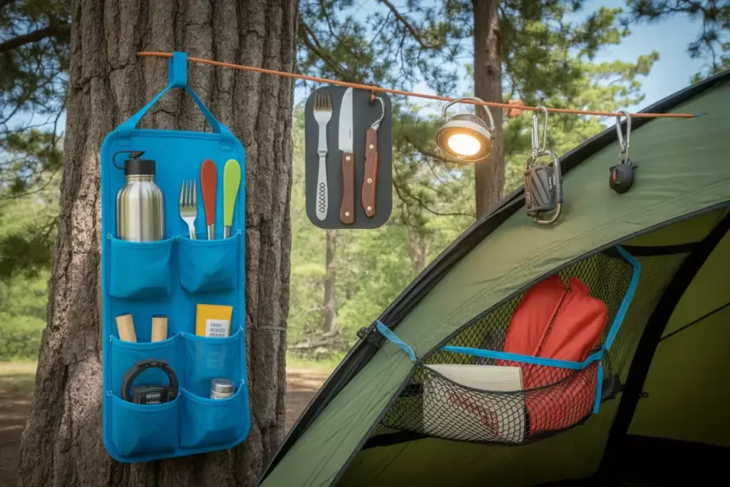 Hanging Organizer And Gear Loft Storage On Tree And Tent In Forest Campsite