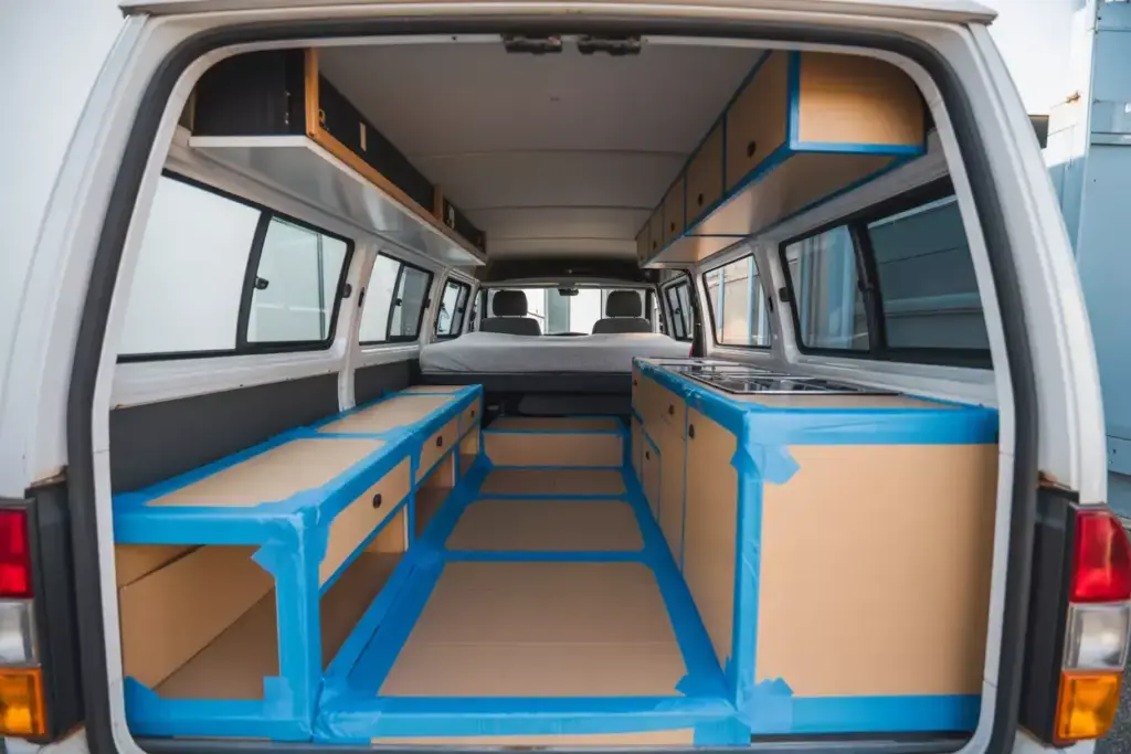 Interior Of Camper Van Showcasing Space Planning With Cardboard Mockups And Tape Outlines