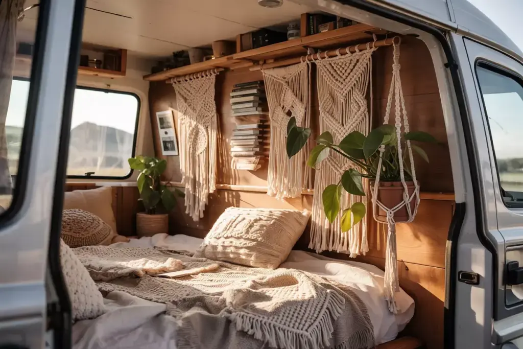 Macrame Textile Wall Hangings Plant Hanger And Storage Net In Van Interior