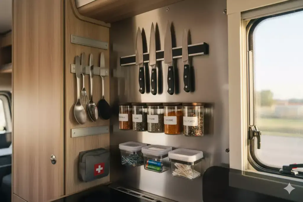 Magnetic Spice Rack Knife Strip And Containers On Campervan Interior Wall
