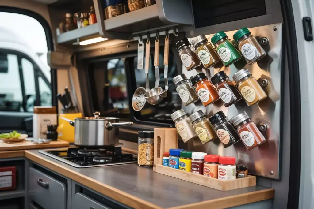 Magnetic Spice Rack Organizing Clear Containers On Metal Sheet In Van Kitchen
