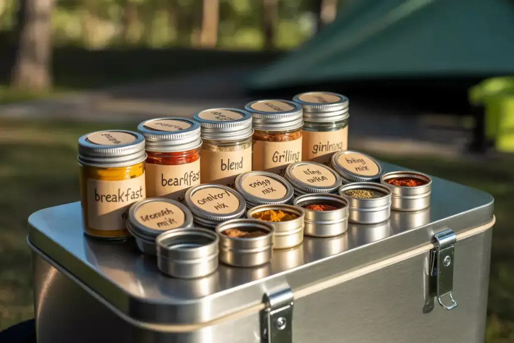 Magnetic Spice Storage Tins And Jars On Metal Camping Box Lid With Labels