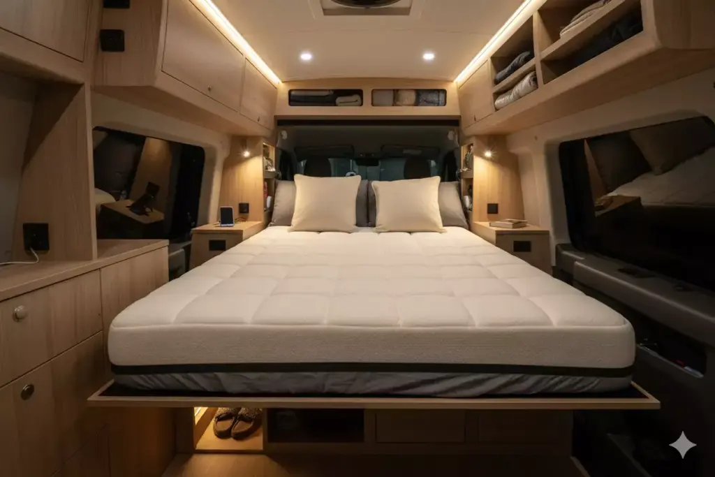 Murphy Bed Deployed In Ford Transit Van With Integrated Nightstands And Hidden Storage Compartments