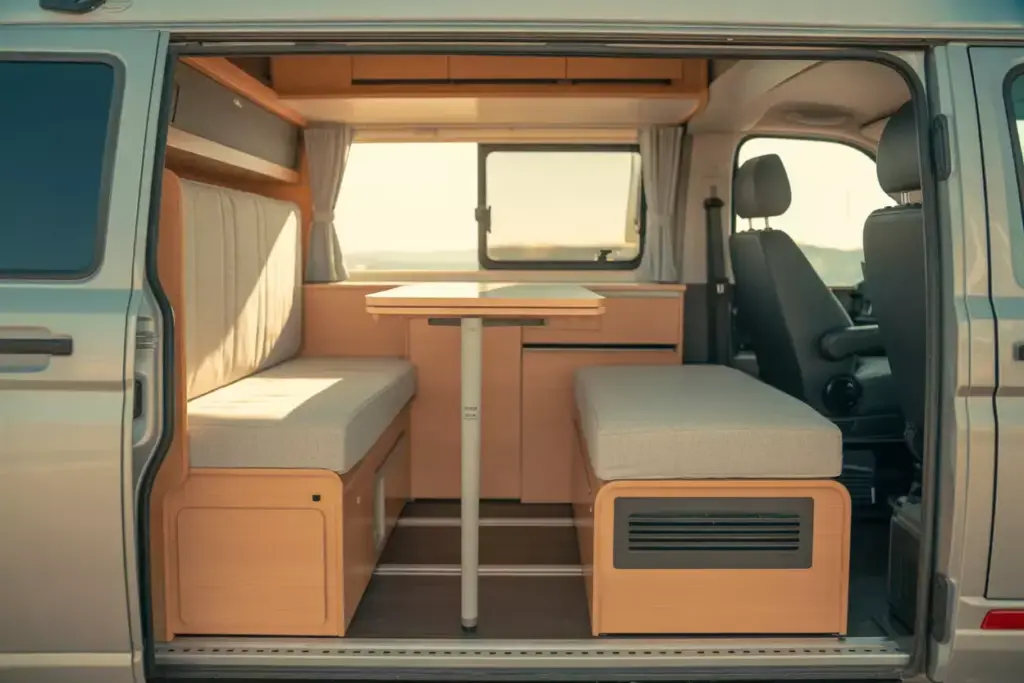 Murphy Bed Folded Against Wall With Swivel Chairs And Convertible Dinette In Mini Campervan Interior