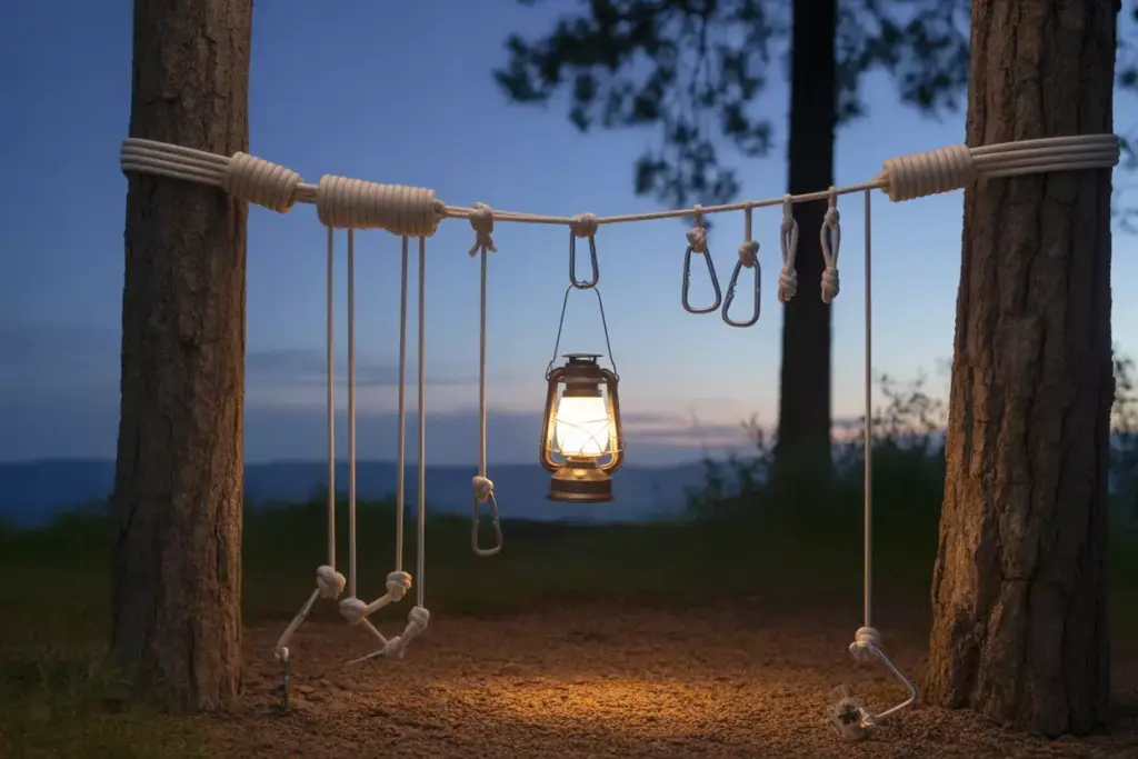 Paracord Lantern Hanger System Strung Between Trees At Dusk With Camping Lantern