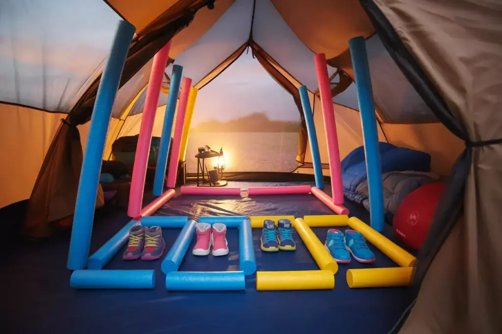 Pool Noodle Tent Organization System With Colorful Dividers And Kids Gear