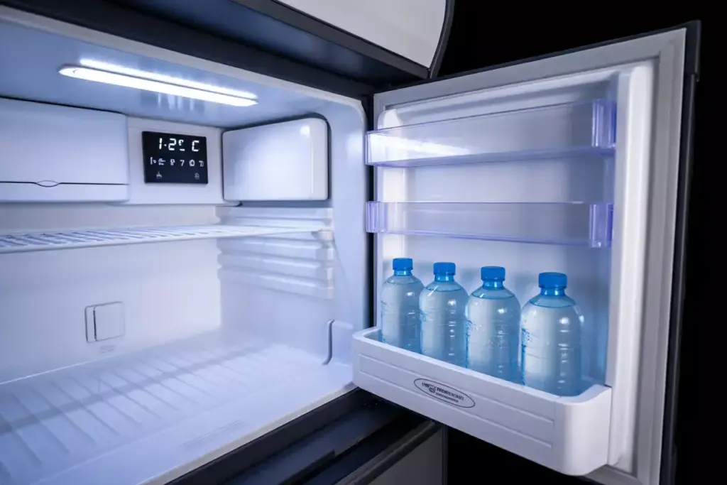 Pre Cooled Empty Caravan Fridge With Frozen Water Bottles And Digital Temperature Display Set Cold