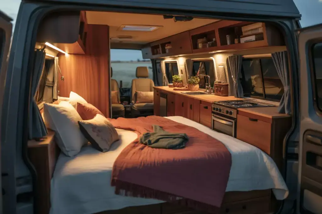 Romantic Retreat Van Layout With Queen Bed Galley Kitchen And Cozy Evening Lighting