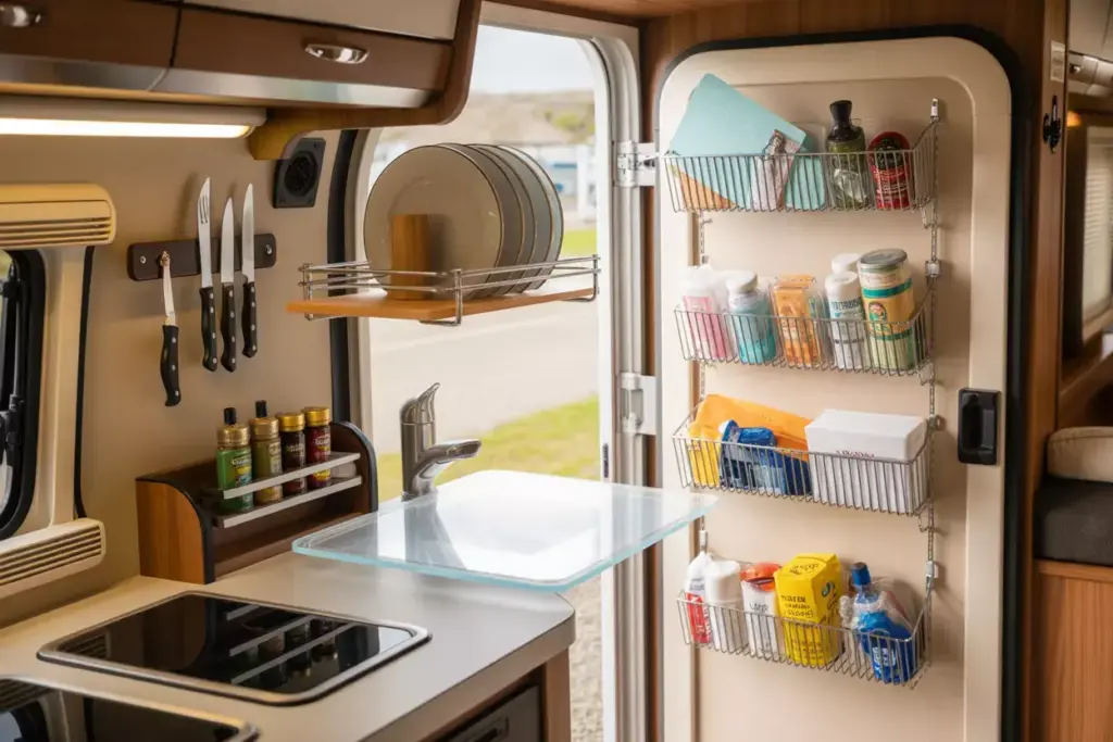 Rv Kitchen With Magnetic Strip Tension Rod And Hanging Organizer For Vertical Storage