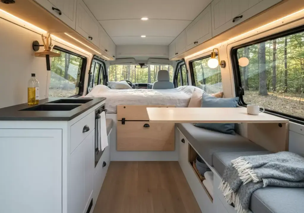 Scandinavian Minimalist Van Interior With Birch Wood And Linen Textiles In A Forest Setting