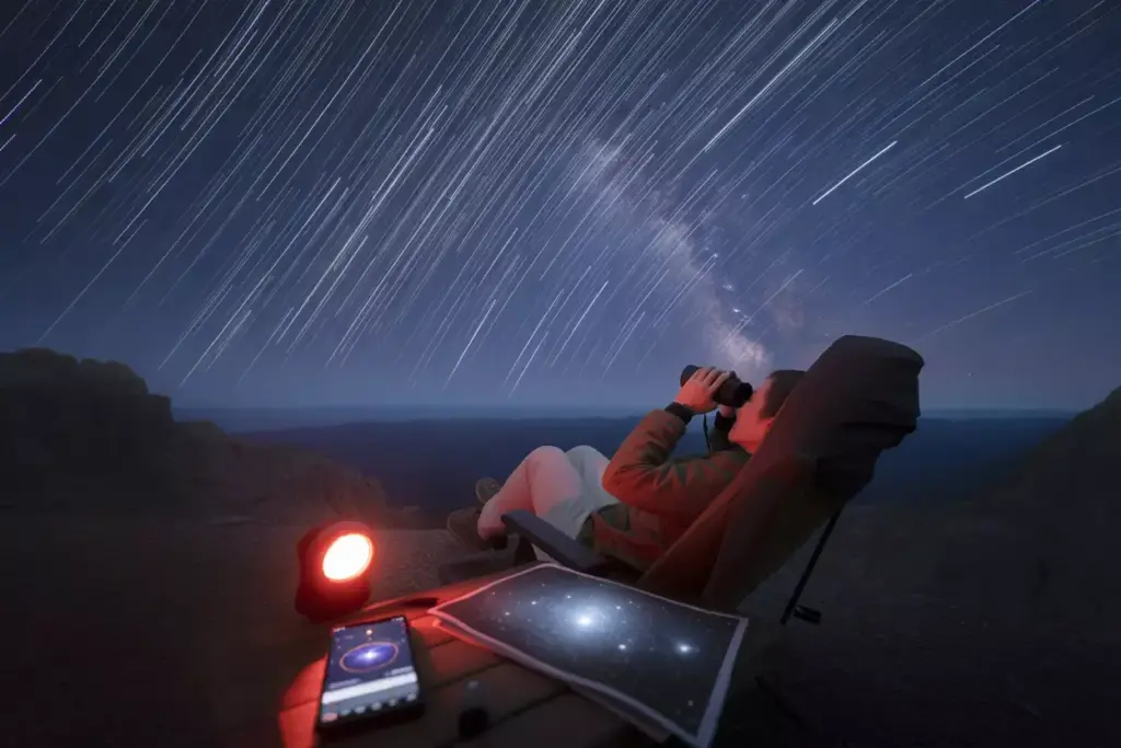 Stargazing Mountain Campsite With Milky Way And Person Using Binoculars Under Dark Sky