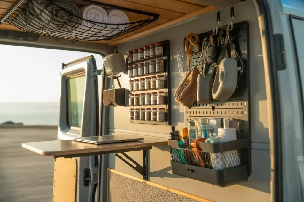 Van Interior Wall Showcasing Magnetic Spice Rack Ceiling Net And Fold Down Table In Use