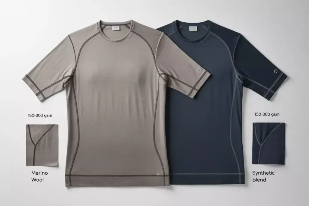 11 Moisture Wicking Merino Wool And Synthetic Base Layer Shirts Showing Flatlock Seams And Technical Details