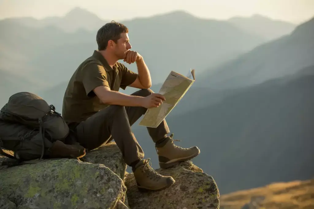 12 The Contemplative Explorer Pose Man Sitting Reflectively On Rock Overlooking Mountain Valley