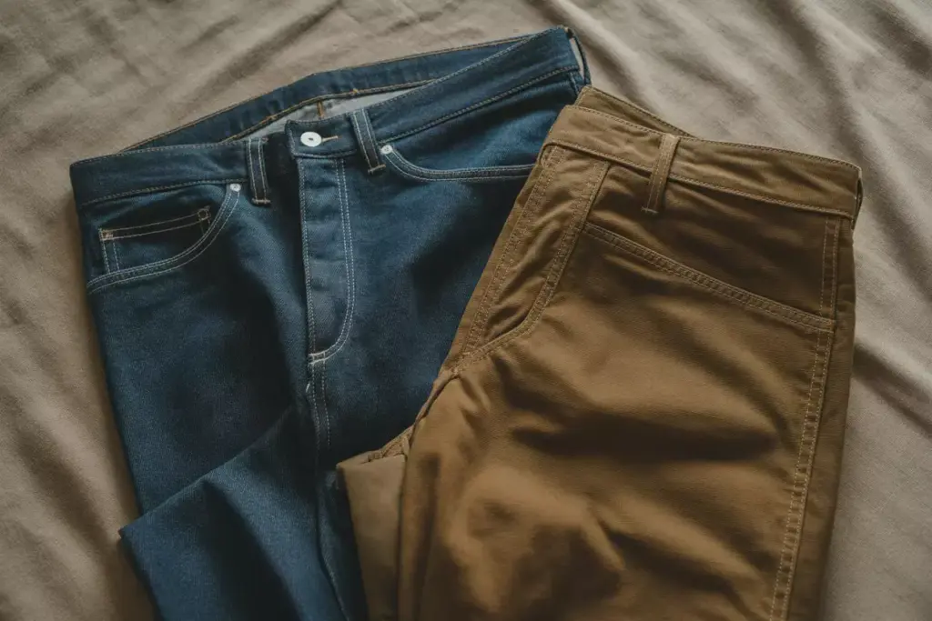 Build Your Base Layer Raw Denim And Canvas Pants Flat Lay Arrangement