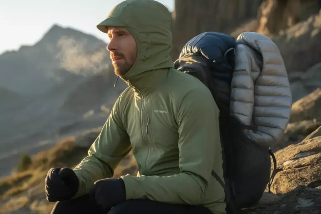 12 Hiker Wearing Fleece Mid Layer With Down And Synthetic Jackets Accessible In Backpack