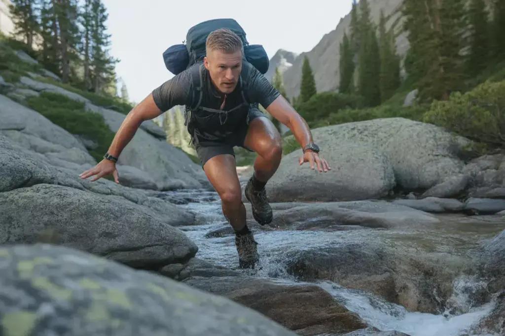 13 The Dynamic Climber Pose Man Scrambling Over Rocks On Mountain Trail In Action