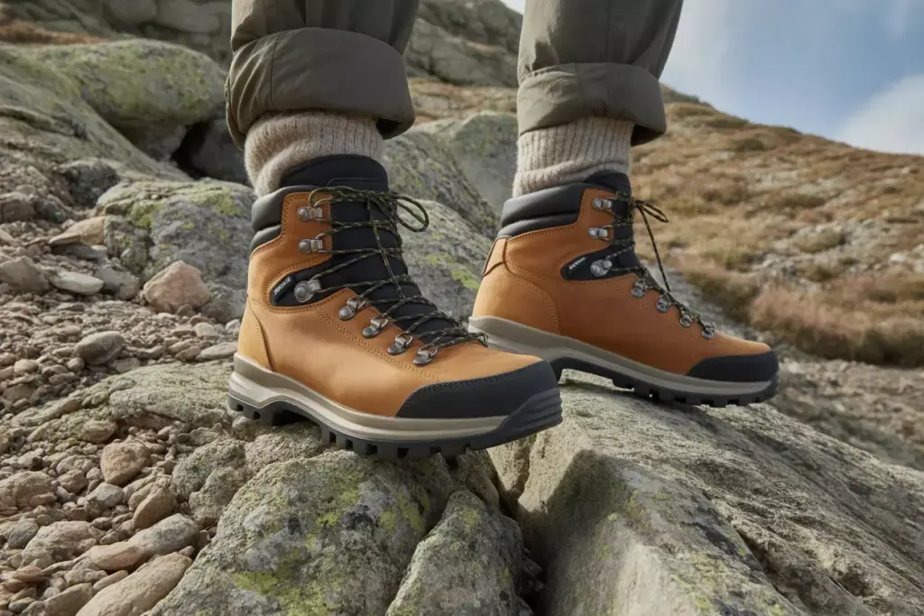 14 Hiking Boots With Ankle Support And Aggressive Treads On Rocky Terrain With Gaiters