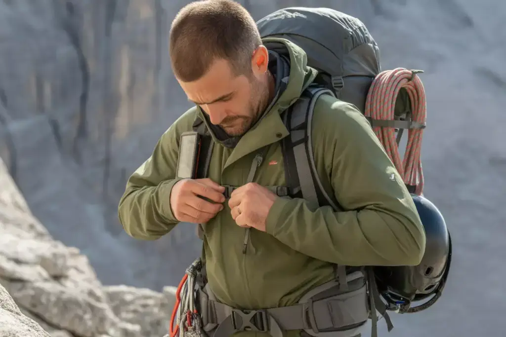 15 The Gear Showcase Pose Man Adjusting His Backpack While Checking Navigation Device