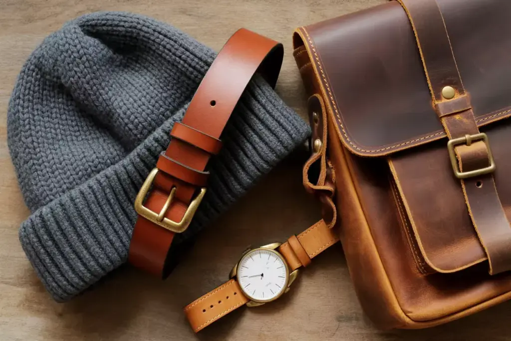 Accessories That Add Authenticity Leather Belt Wool Beanie And Field Watch Flat Lay