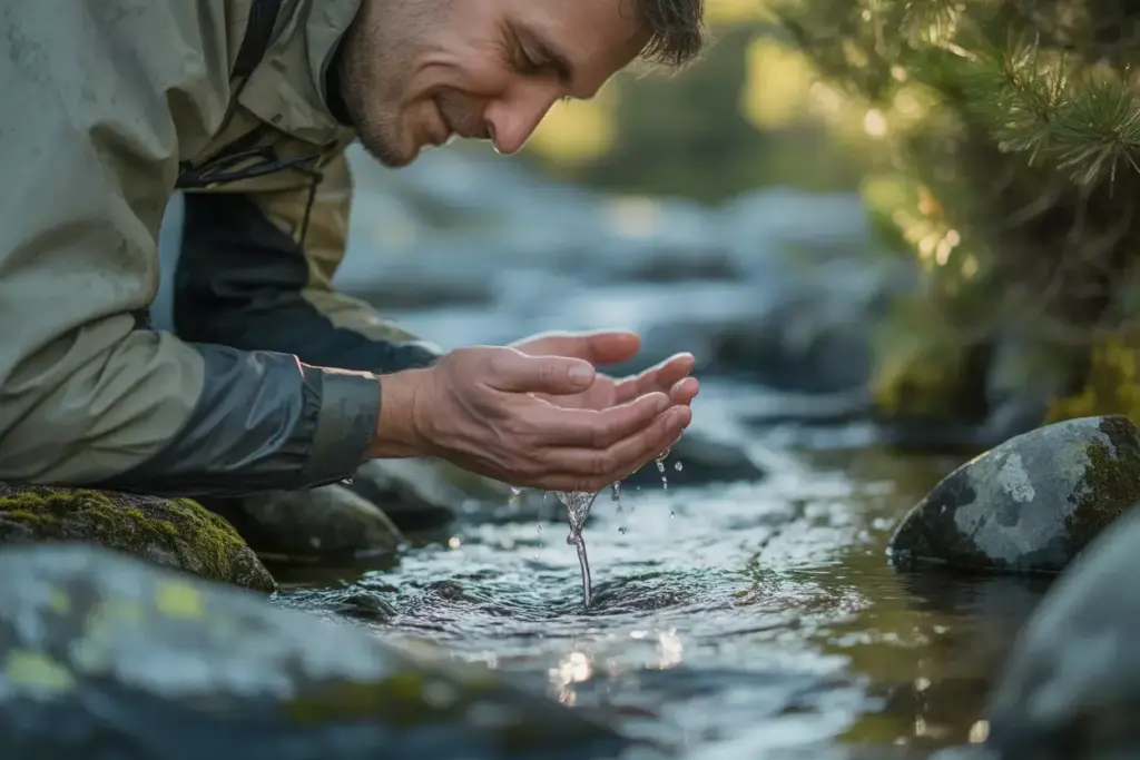 16 The Environmental Connection Pose Man Touching A Mountain Stream With His Hand