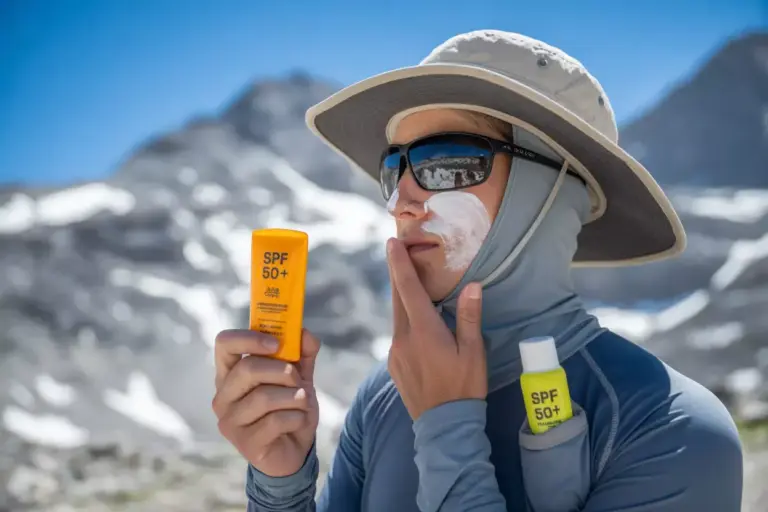 16 Hiker At High Altitude Wearing Full Sun Protection Gear And Applying Sunscreen