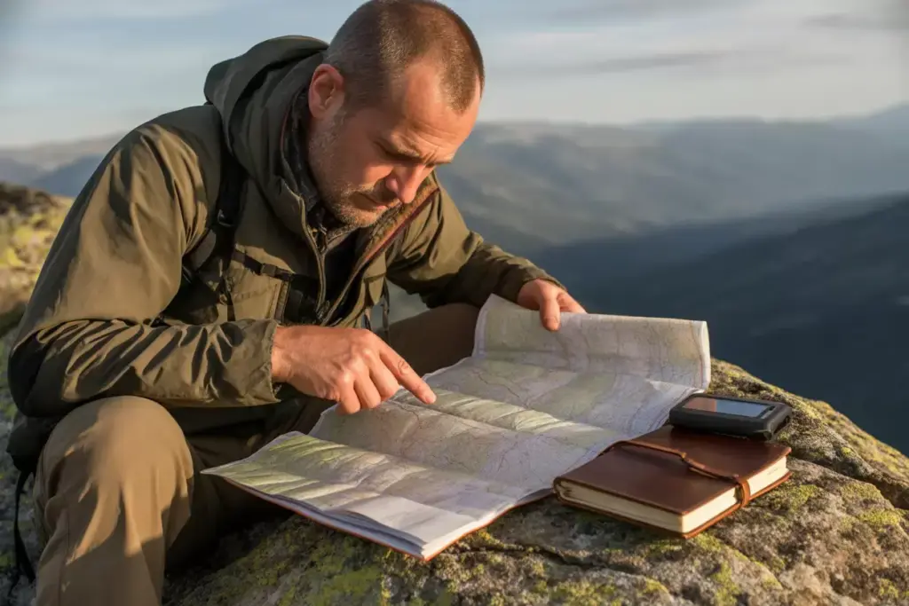 17 The Journey Documentation Pose Man Studying A Topographic Map On A Mountain Trail